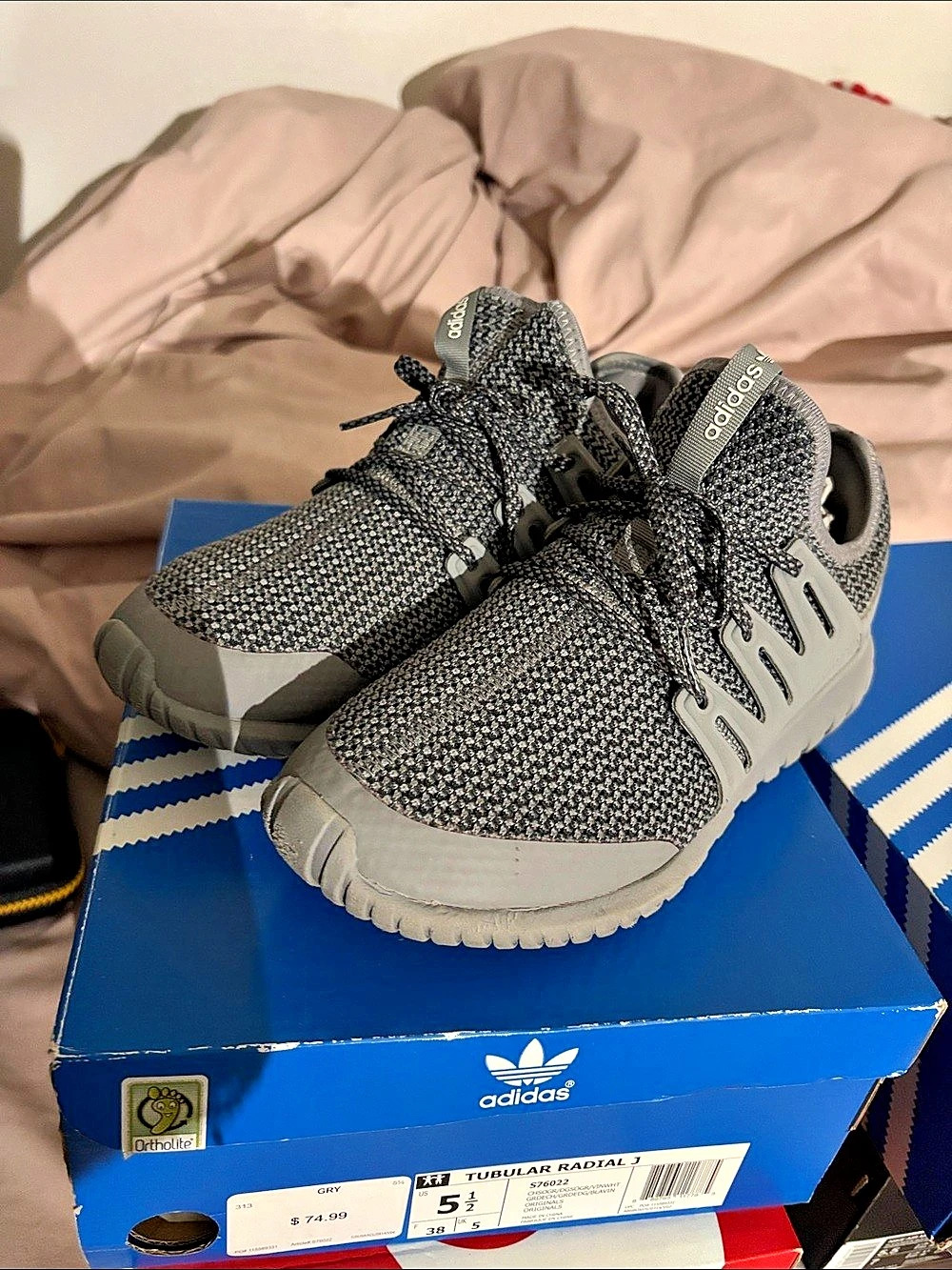adidas Tubular Radial J Gray & White US 5.5